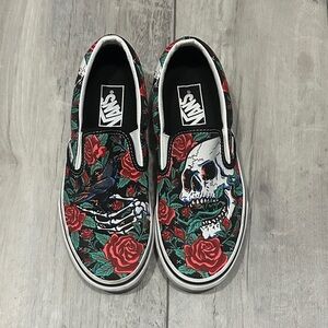 Vans Slip-On Floral Skull Sneakers in Black, Red & Green